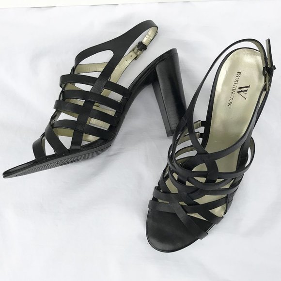WORTHINGTON Black Leather Woven Scandal Heels EUC 10 M - Picture 3 of 8